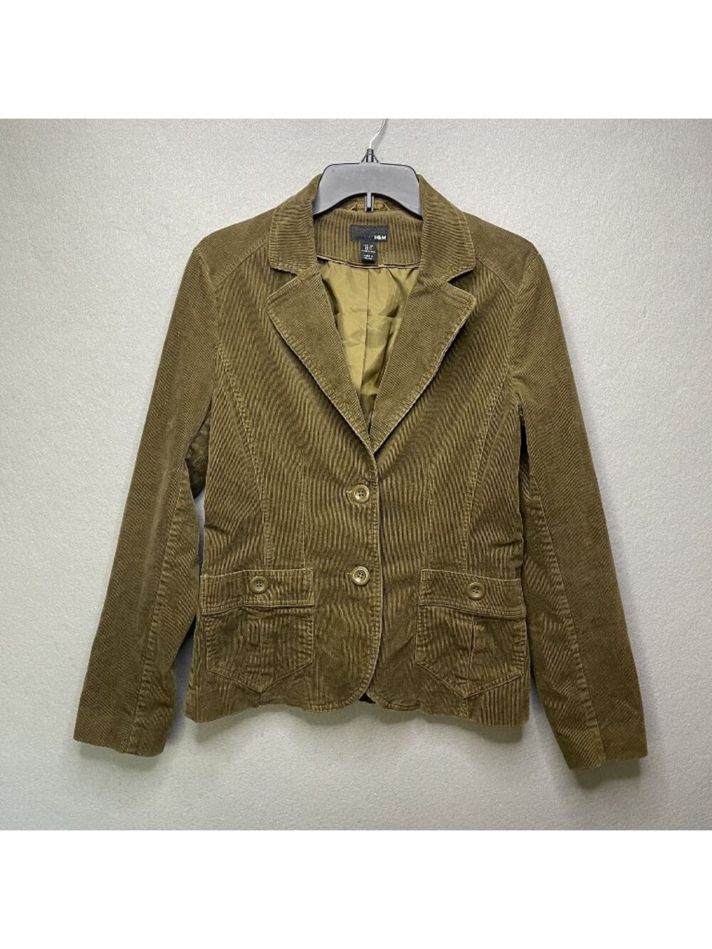H&M Olive Green Corduroy Blazer Jacket Size US 12Dual Pockets Belted Back